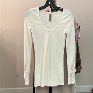 Free People Cream Fitted Long Sleeve Blouse with Lace Detail